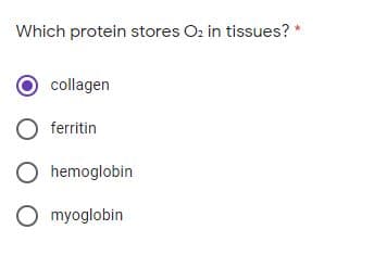 Which protein stores Oz in tissues?
collagen
O ferritin
O hemoglobin
O myoglobin
