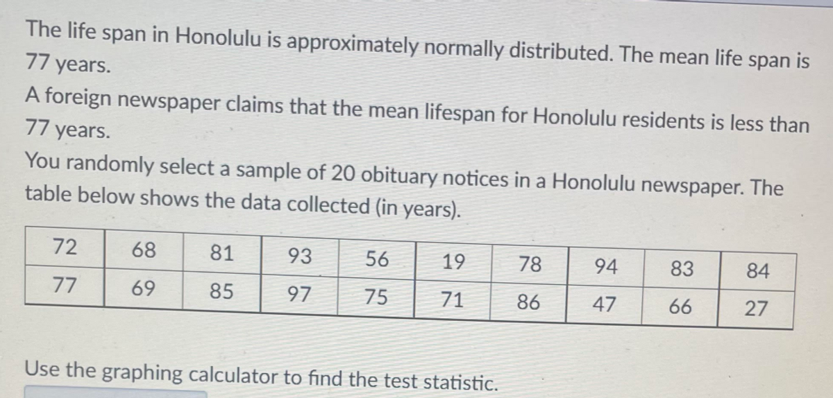 The life span in Honolulu is approximately normally distributed. The mean life span is
77 years.
A foreign newspaper claims that the mean lifespan for Honolulu residents is less than
77 years.
You randomly select a sample of 20 obituary notices in a Honolulu newspaper. The
table below shows the data collected (in years).
72
68
81
93
56
19
78
94
83
84
77
69
85
97
75
71
86
47
66
27
Use the graphing calculator to find the test statistic.
