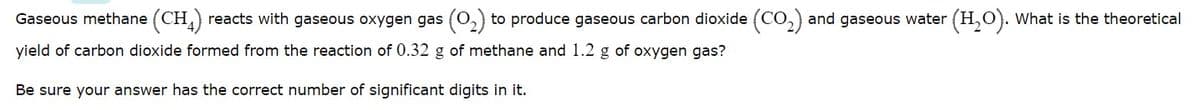 Gaseous methane (CH,) reacts with gaseous oxygen gas (0,) to produce gaseous carbon dioxide (CO,) and gaseous water (H,O). What is the theoretical
yield of carbon dioxide formed from the reaction of 0.32 g of methane and 1.2 g of oxygen gas?
Be sure your answer has the correct number of significant digits in it.
