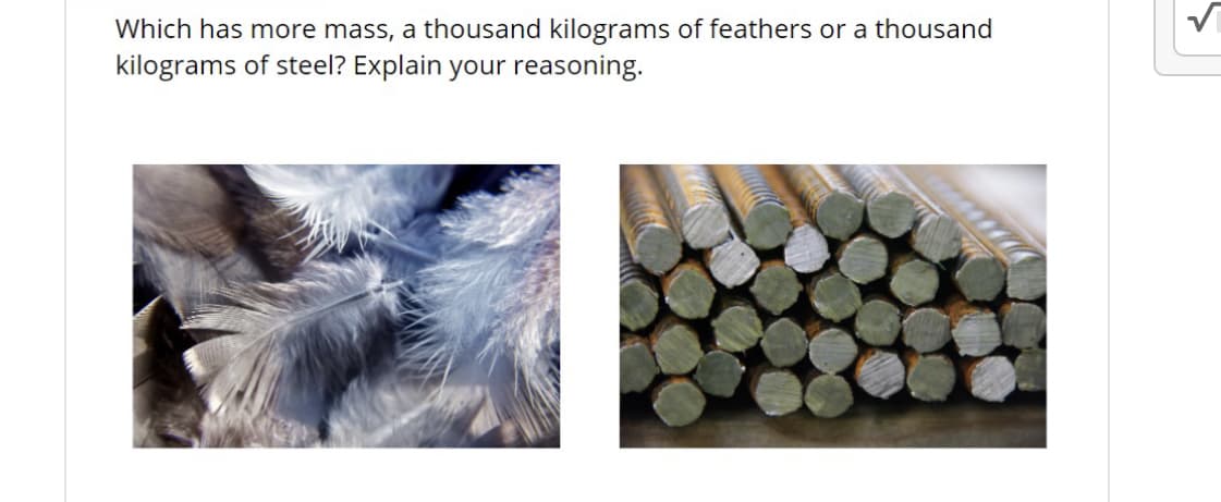 Which has more mass, a thousand kilograms of feathers or a thousand
kilograms of steel? Explain your reasoning.

