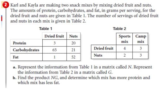 2 Karl and Kayla are making two snack mixes by mixing dried fruit and nuts.
The amounts of protein, carbohydrates, and fat, in grams per serving, for the
dried fruit and nuts are given in Table 1. The number of servings of dried fruit
and nuts in each mix is given in Table 2.
Table 1
Table 2
Dried fruit Nuts
Sports Camp
Protein
3
20
mix
mix
Dried fruit
4
3
Carbohydrates
65
21
Nuts
2
3
Fat
52
a. Represent the information from Table 1 in a matrix called N. Represent
the information from Table 2 in a matrix called G.
b. Find the product NG, and determine which mix has more protein and
which mix has less fat.

