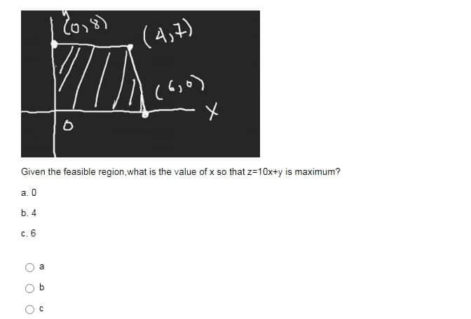 (4,7)
Given the feasible region,what is the value of x so that z=10x+y is maximum?
a. 0
b. 4
C. 6
a
