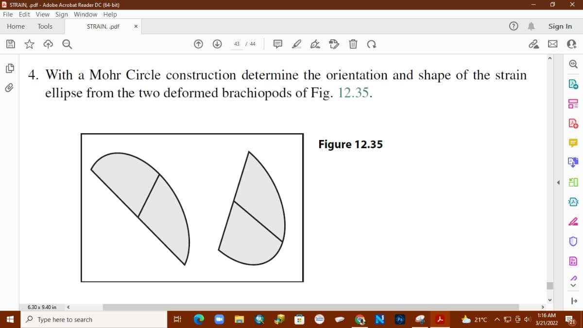 A STRAIN, .pdf - Adobe Acrobat Reader DC (64-bit)
File Edit View Sign Window Help
Home
Tools
STRAIN, .pdf
Sign In
43 / 44
4. With a Mohr Circle construction determine the orientation and shape of the strain
ellipse from the two deformed brachiopods of Fig. 12.35.
Figure 12.35
6.30 x 9.40 in
1:16 AM
P Type here to search
21°C
3/21/2022
