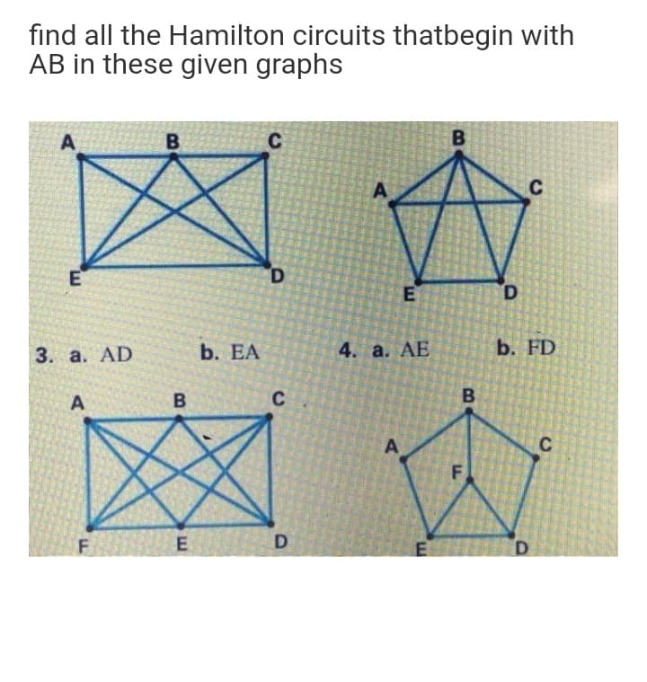 find all the Hamilton circuits thatbegin with
AB in these given graphs
A
C
D.
ET
E
4. a. AE
b. FD
b. ЕА
3. а. AD
C
A
F
D
D.
B.
A.
