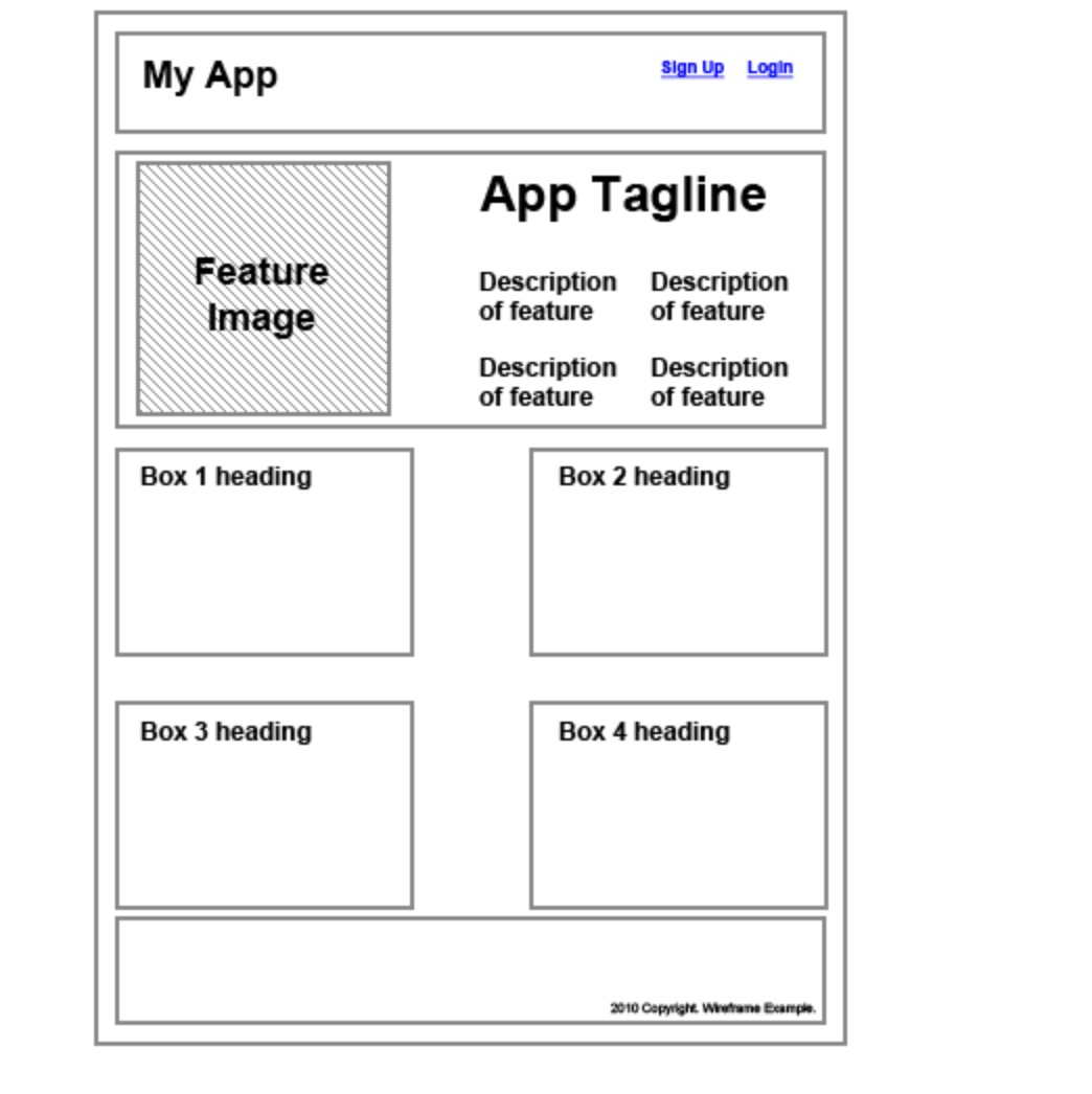 My App
Feature
Image
Box 1 heading
Box 3 heading
App Tagline
Description
of feature
Sign Up Login
Description
of feature
Description
of feature
Description
of feature
Box 2 heading
Box 4 heading
2010 Copyright. Wireframe Example.