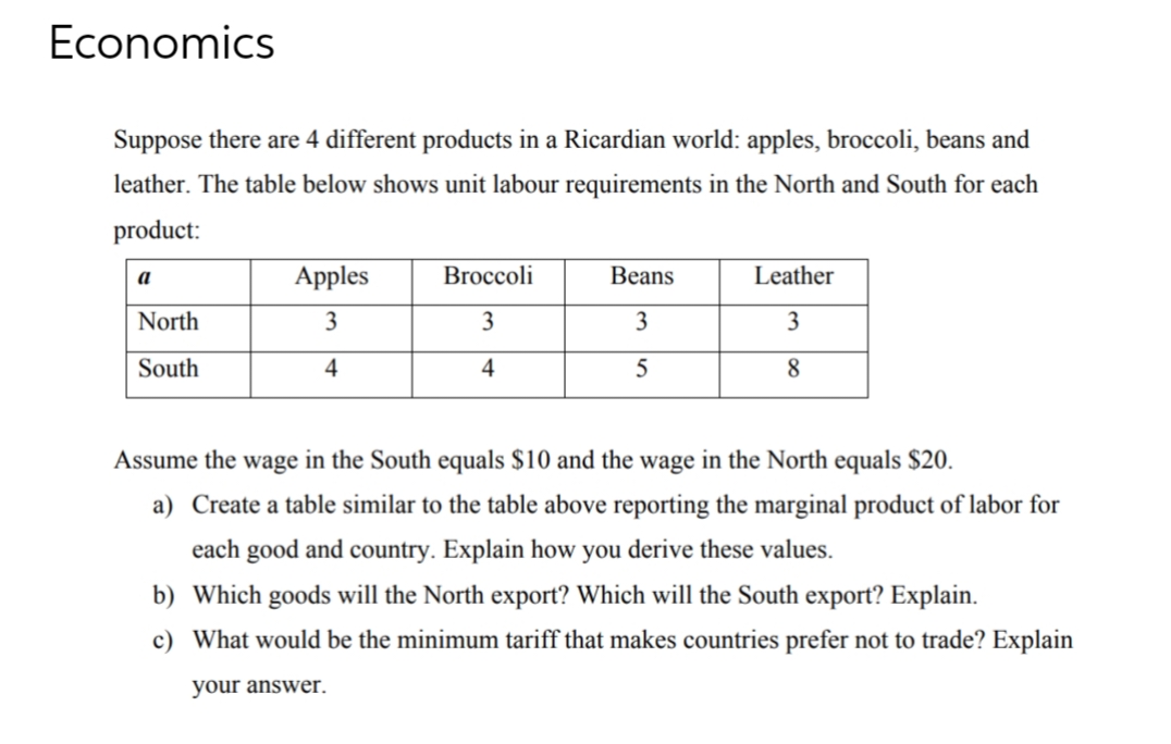 Economics
Suppose there are 4 different products in a Ricardian world: apples, broccoli, beans and
leather. The table below shows unit labour requirements in the North and South for each
product:
a
North
South
Apples
3
4
Broccoli
3
4
Beans
3
5
Leather
3
8
Assume the wage in the South equals $10 and the wage in the North equals $20.
a) Create a table similar to the table above reporting the marginal product of labor for
each good and country. Explain how you derive these values.
b) Which goods will the North export? Which will the South export? Explain.
c) What would be the minimum tariff that makes countries prefer not to trade? Explain
your answer.