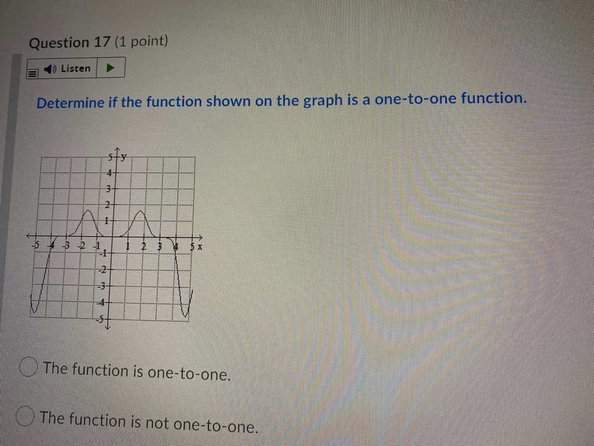 Question 17 (1 point)
) Listen
Determine if the function shown on the graph is a one-to-one function.
4-
-3-
5 4 3 -2-1
-2-
-3-
O The function is one-to-one.
O The function is not one-to-one.
个ド
