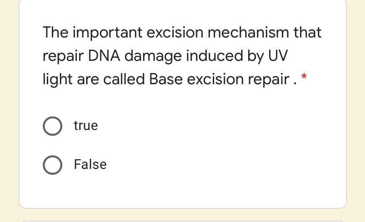 The important excision mechanism that
repair DNA damage induced by UV
light are called Base excision repair. *
true
O False
