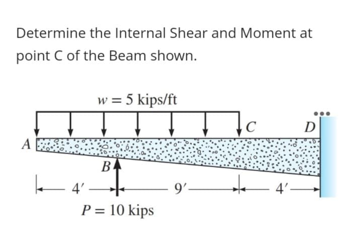 Determine the Internal Shear and Moment at
point C of the Beam shown.
w = 5 kips/ft
D
A
4' –
9'-
4'–
P = 10 kips

