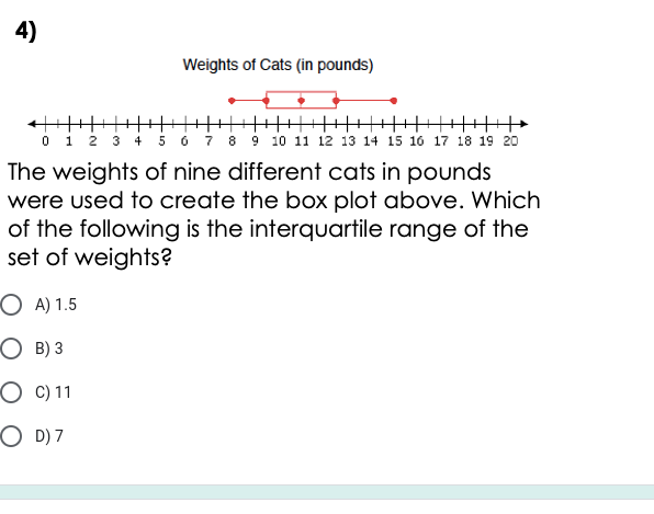4)
Weights of Cats (in pounds)
||TT|
o i 2 3 4
5 6 7 8 9 10 11 12 13 14 15 16 17 18 19 20
The weights of nine different cats in pounds
were used to create the box plot above. Which
of the following is the interquartile range of the
set of weights?
O A) 1.5
O B) 3
O C) 11
O D) 7
