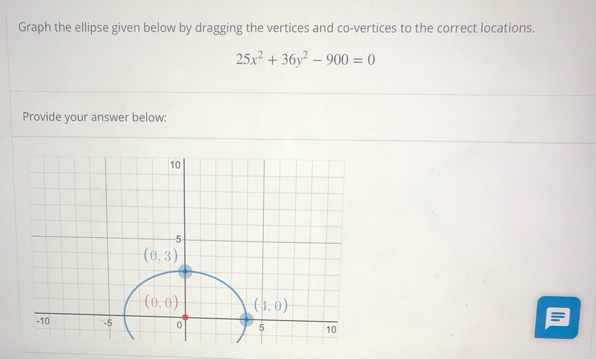 Graph the ellipse given below by dragging the vertices and co-vertices to the correct locations.
25x2 + 36y2 – 900 = 0
Provide your answer below:
10
5
|(0, 3)
(0, 0)
(4, 0)
-10
:-5
10

