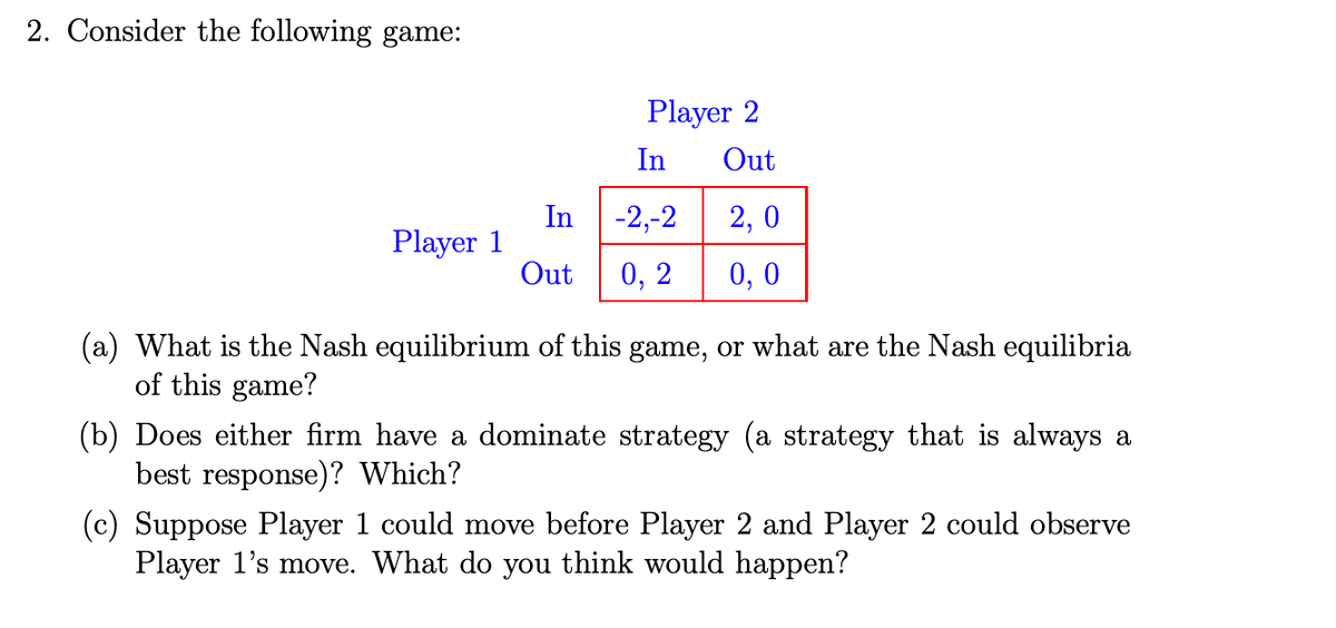 2. Consider the following game:
Player 2
In
Out
In
Player 1
Out
-2,-2
2, 0
0, 2
0, 0
(a) What is the Nash equilibrium of this game, or what are the Nash equilibria
of this game?
(b) Does either firm have a dominate strategy (a strategy that is always a
best response)? Which?
(c) Suppose Player 1 could move before Player 2 and Player 2 could observe
Player l's move. What do you think would happen?

