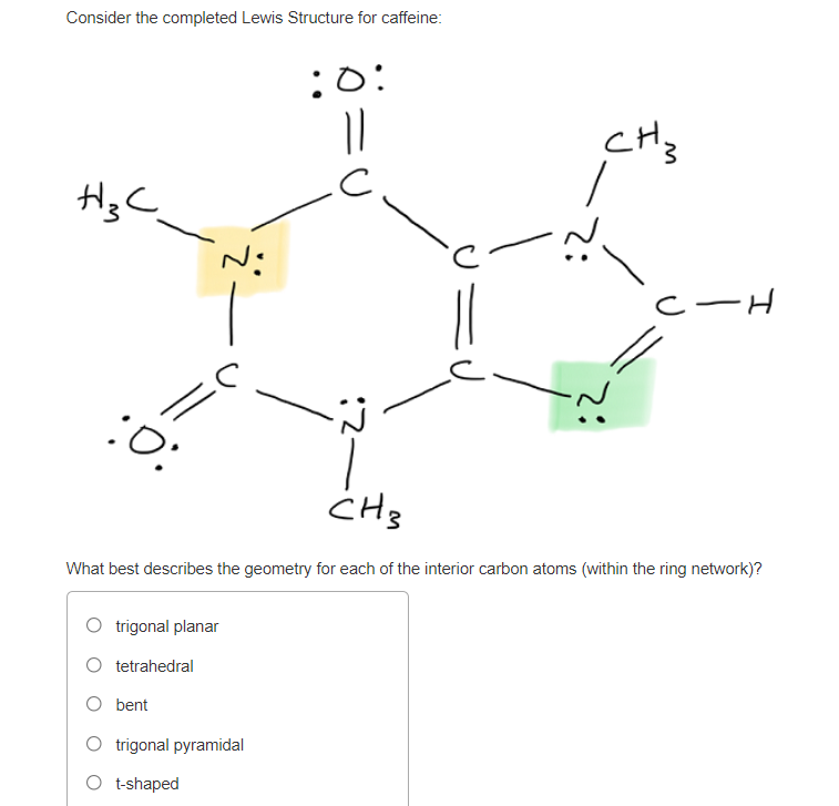 Consider the completed Lewis Structure for caffeine:
:0:
CH3
Ni
CーH
:O:
What best describes the geometry for each of the interior carbon atoms (within the ring network)?
trigonal planar
tetrahedral
O bent
O trigonal pyramidal
O t-shaped
