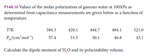 P14A.10 Values of the molar polarization of gaseous water at 100kPa as
determined from capacitance measurements are given below as a function of
temperature.
T/K
384.3
420.1
444.7
484.1
521.0
P„/(cm'mol")
57.4
53.5
50.1
46.8
43.1
Calculate the dipole moment of H,O and its polarizability volume.

