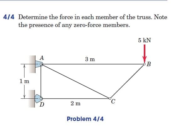 4/4 Determine the force in each member of the truss. Note
the presence of any zero-force members.
5 kN
A
3 m
B
1 m
D
2 m
Problem 4/4