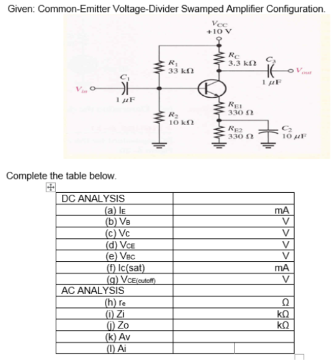 Given: Common-Emitter Voltage-Divider Swamped Amplifier Configuration.
+10 V
Re
3.3 kО
R
33 kN
1 µF
REI
330 N
R2
10 kN
Re2
330 N
C2
10 µF
Complete the table below.
DC ANALYSIS
(a) le
(b) VB
(c) Vc
(d) Vce
(e) VBC
(f) Ic(sat)
(g) Vce(cutof).
V
V
V
V
mA
V
AC ANALYSIS
(h) re
) Zi
(1) Zo
(k) Av
(1) Ai
kQ
kQ
