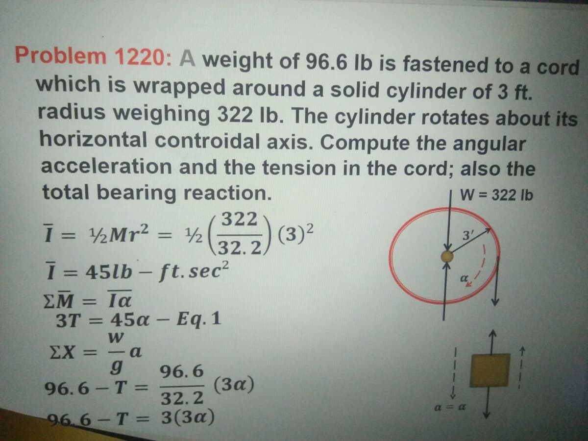 Problem 1220: A weight of 96.6 Ib is fastened to a cord
which is wrapped around a solid cylinder of 3 ft.
radius weighing 322 Ib. The cylinder rotates about its
horizontal controidal axis. Compute the angular
acceleration and the tension in the cord; also the
total bearing reaction.
W = 322 Ib
322
Ī= ½Mr² = ½
(3)²
32.2,
%3D
3'
I = 45lb – ft. sec?
%3D
ΣΜ-Ια
3T = 45a – Eq. 1
%3D
ΣΧ
a
-
g
96. 6
96.6 - Т -
(За)
32.2
a = a
96 6-T= 3(3a)
%3D
