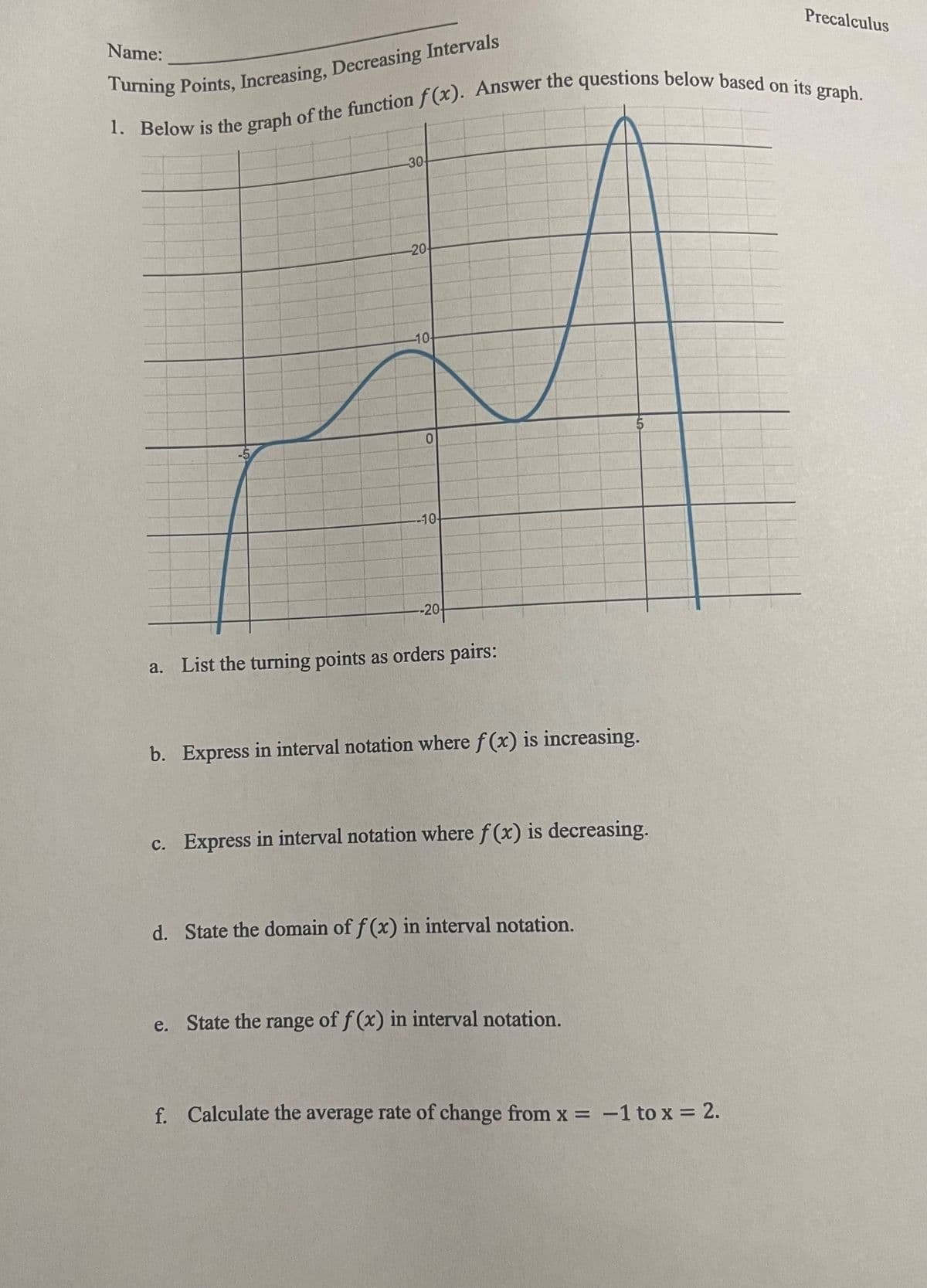 Name:
Turning Points, Increasing, Decreasing Intervals
1. Below is the graph of the function f(x). Answer the questions below based on its graph.
-30
-20
-10
2
0
-10-
-20-
a. List the turning points as orders pairs:
b. Express in interval notation where f(x) is increasing.
ET
c. Express in interval notation where f(x) is decreasing.
d. State the domain of f(x) in interval notation.
e. State the range of f(x) in interval notation.
Precalculus
f. Calculate the average rate of change from x = -1 to x = 2.