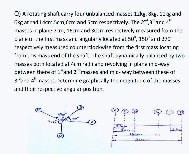 Q) A rotating shaft carry four unbalanced masses 12kg, 8kg, 10kg and
6kg at radii 4cm,5cm,6cm and 5cm respectively. The 2nd,3rdand 4th
masses in plane 7cm, 16cm and 30cm respectively measured from the
plane of the first mass and angularly located at 50°, 150° and 270°
respectively measured counterclockwise from the first mass locating
from this mass end of the shaft. The shaft dynamically balanced by two
masses both located at 4cm radii and revolving in plane mid-way
between there of 1"and 2n masses and mid- way between these of
3rd
'and 4masses.Determine graphically the magnitude of the masses
and their respective angular position.
150
278
3.5
16cm
30cm
