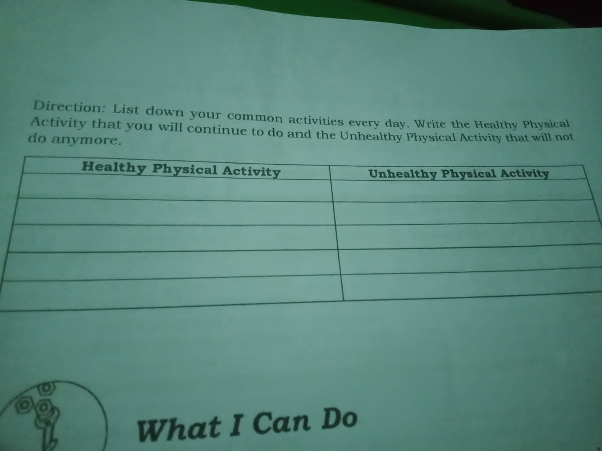 Direction: List down your common activities every day. Write the Healthy Physical
Activity that you will continue to do and the Unhealthy Physical Activity that will not
do anymore.
Healthy Physical Activity
Unhealthy Physical Activity
What I Can Do
