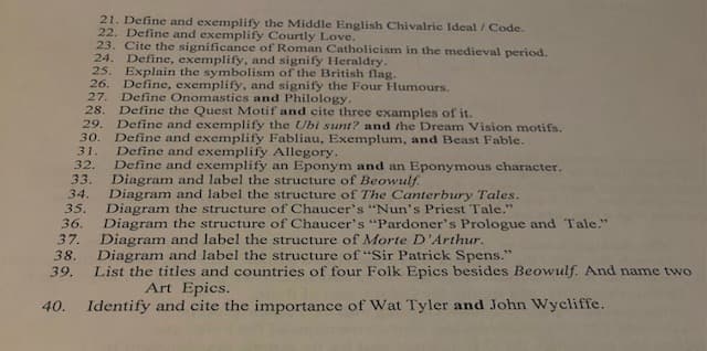 21. Define and exemplify the Middle English Chivalric Ideal / Code.
22. Define and exemplify Courtly Love.
23. Cite the significance of Roman Catholicism in the medieval period.
24. Define, exemplify, and signify Heraldry.
25.
Explain the symbolism of the British flag.
Define, exemplify, and signify the Four Humours.
Define Onomastics ad Philology.
Define the Quest Motif and cite three examples of it.
Define and exemplify the Ubi sunt? and the Dream Vision motifs.
Define and exemplify Fabliau, Exemplum, and Beast Fable.
Define and exemplify Allegory.
Define and exemplify an Eponym and an Eponymous character.
Diagram and label the structure of Beowulf.
Diagram and label the structure of The Canterbury Tales.
Diagram the structure of Chaucer's "Nun's Priest Tale."
Diagram the structure of Chaucer's "Pardoner's Prologue and Tale."
Diagram and label the structure of Morte D'Arthur.
Diagram and label the structure of "Sir Patrick Spens."
List the titles and countries of four Folk Epics besides Beowulf. And name two
26.
27.
28.
29.
30.
31.
32.
33.
34.
35.
36.
37.
38.
39.
Art Epics.
40.
Identify and cite the importance of Wat Tyler and John Wycliffe.

