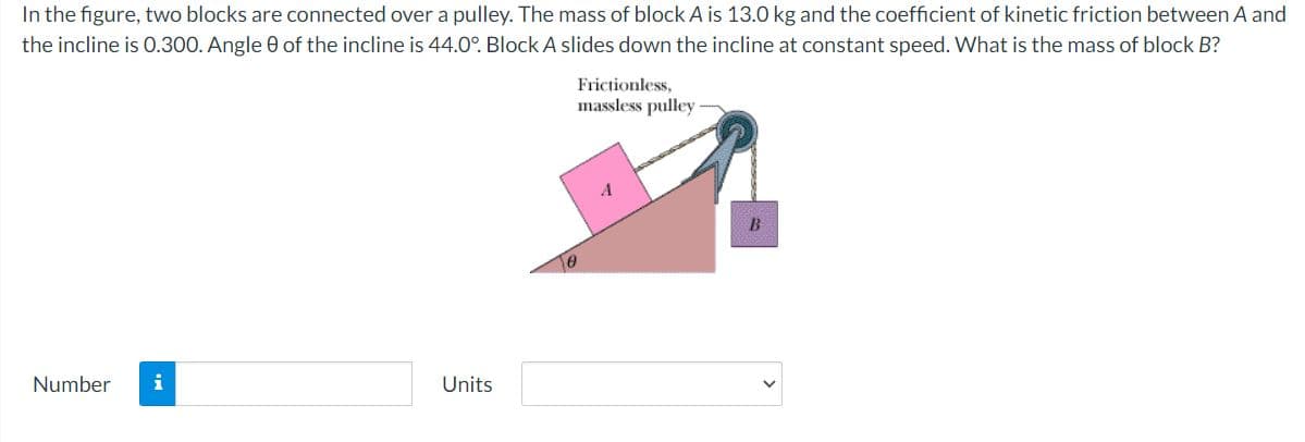 In the figure, two blocks are connected over a pulley. The mass of block A is 13.0 kg and the coefficient of kinetic friction between A and
the incline is 0.300. Angle 0 of the incline is 44.0°. Block A slides down the incline at constant speed. What is the mass of block B?
Frictionless,
massless pulley
Number
i
Units
