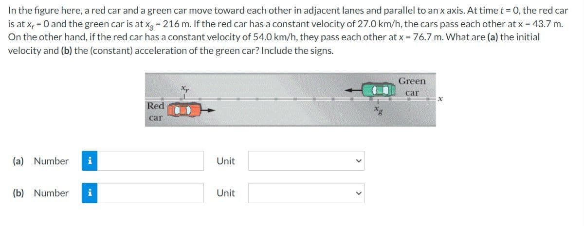In the figure here, a red car and a green car move toward each other in adjacent lanes and parallel to an x axis. At time t 0, the red car
is at x, = 0 and the green car is at x, = 216 m. If the red car has a constant velocity of 27.0 km/h, the cars pass each other at x = 43.7 m.
On the other hand, if the red car has a constant velocity of 54.0 km/h, they pass each other at x = 76.7 m. What are (a) the initial
velocity and (b) the (constant) acceleration of the green car? Include the signs.
Green
car
Red
car
(a) Number
i
Unit
(b) Number
i
Unit
