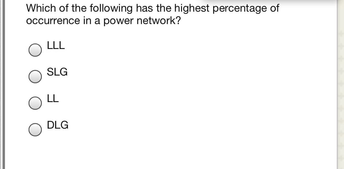 Which of the following has the highest percentage of
occurrence in a power network?
LLL
SLG
LL
DLG
