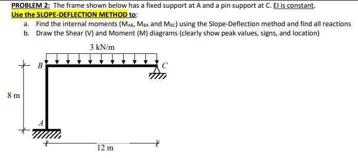 PROBLEM 2: The frame shown below has a fixed support at A and a pin support at C. El is constant.
Use the SLOPE-DEFLECTION METHOD to:
8 m
a. Find the internal moments (MAB, MBA and MBC) using the Slope-Deflection method and find all reactions
b. Draw the Shear (V) and Moment (M) diagrams (clearly show peak values, signs, and location)
3 kN/m
B
A
*
12 m
C