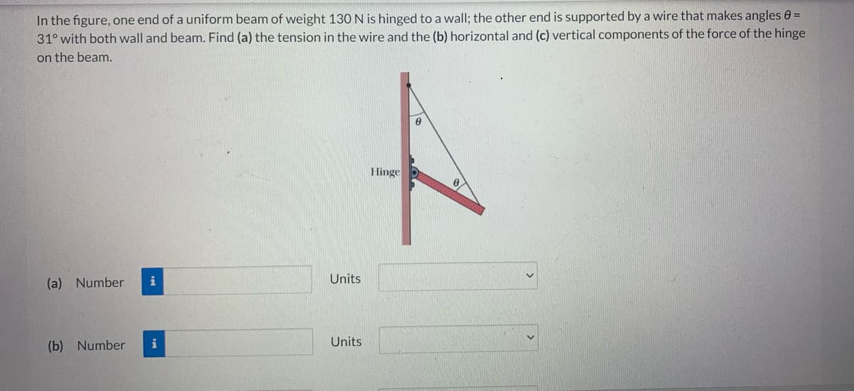 In the figure, one end of a uniform beam of weight 130 N is hinged to a wall; the other end is supported by a wire that makes angles 8 =
31° with both wall and beam. Find (a) the tension in the wire and the (b) horizontal and (c) vertical components of the force of the hinge
on the beam.
A
Hinge
(a) Number i
(b) Number i
Units
Units