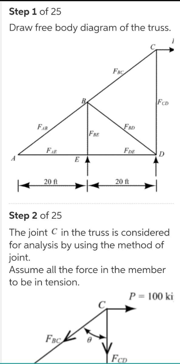 Step 1 of 25
Draw free body diagram of the truss.
FBC
FCD
FAB
FBD
FBE
FAE
FDE
A
20 ft
20 ft
Step 2 of 25
The joint C in the truss is considered
for analysis by using the method of
joint.
Assume all the force in the member
to be in tension.
P = 100 ki
FBC
FCD
