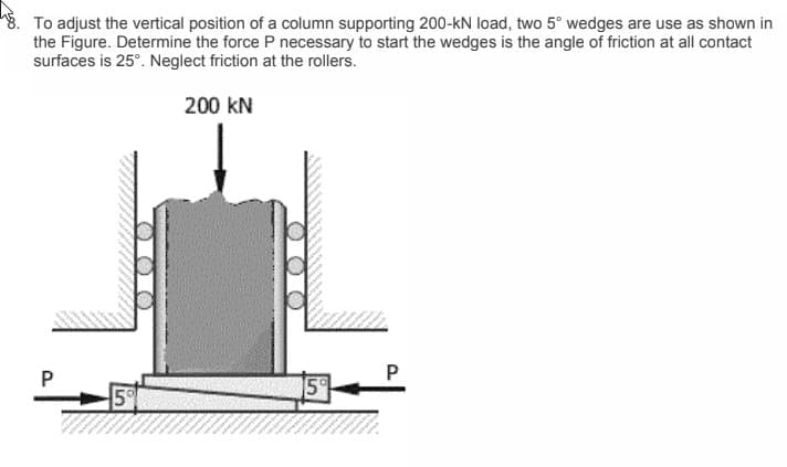 8. To adjust the vertical position of a column supporting 200-kN load, two 5° wedges are use as shown in
the Figure. Determine the force P necessary to start the wedges is the angle of friction at all contact
surfaces is 25°. Neglect friction at the rollers.
200 kN
5%
59
