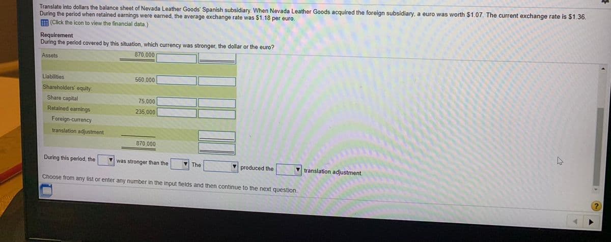 Translate into dollars the balance sheet of Nevada Leather Goods' Spanish subsidiary. When Nevada Leather Goods acquired the foreign subsidiary, a euro was worth $1.07. The current exchange rate is $1.36.
During the period when retained earnings were earned, the average exchange rate was $1.18 per euro.
E (Click the icon to view the financial data.)
Requirement
During the period covered by this situation, which currency was stronger, the dollar or the euro?
870,000
Assets
Liabilities
560,000
Shareholders' equity
Share capital
75,000
Retained earnings
235,000
Foreign-currency
translation adjustment
870,000
During this period, the
was stronger than the
V The
V produced the
V translation adjustment.
Choose from any list or enter any number in the input fields and then continue to the next question.
