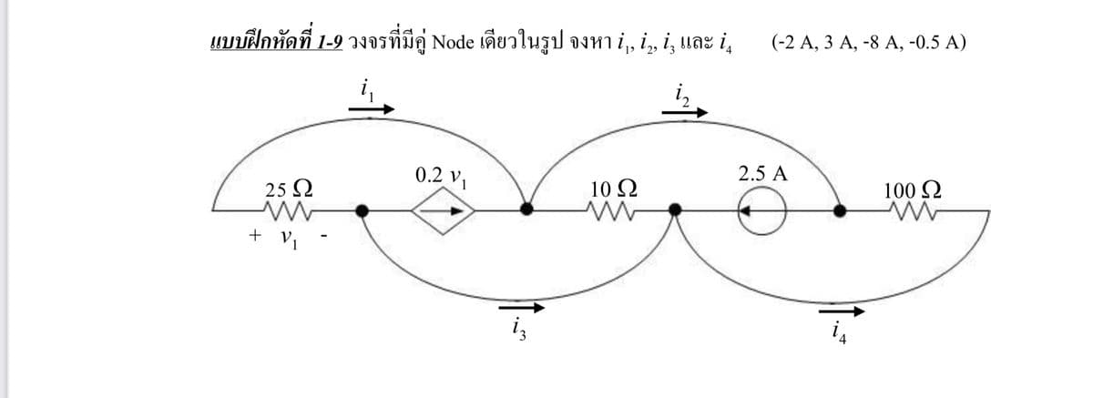 แบบฝึกหัดที่ 1-9 วงจรที่มีคู่ Node เดียวในรูป จงหา i, i, i, และ i,
(-2 A, 3 A, -8 A, -0.5 A)
0.2 V1
2.5 A
25 2
10 Q
100 Q
+ Vi
"ง
