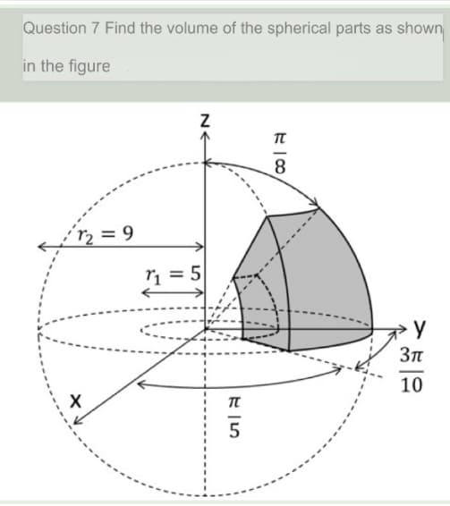 Question 7 Find the volume of the spherical parts as shown
in the figure
8
ウ=9
2 =
ri = 5
10
NE
