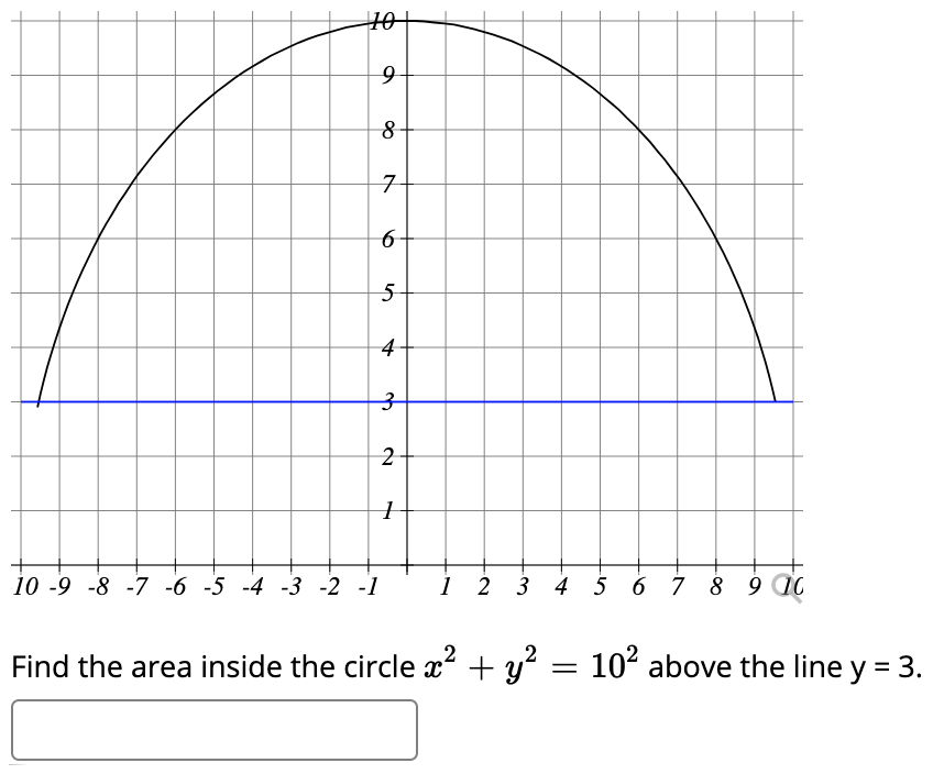 구
10 -9 -8 -7 -6 -5 -4 -3 -2 -1
i 2 3 4 5 6 7 8 9 10
Find the area inside the circle x + y?
.2
102 above the line y = 3.

