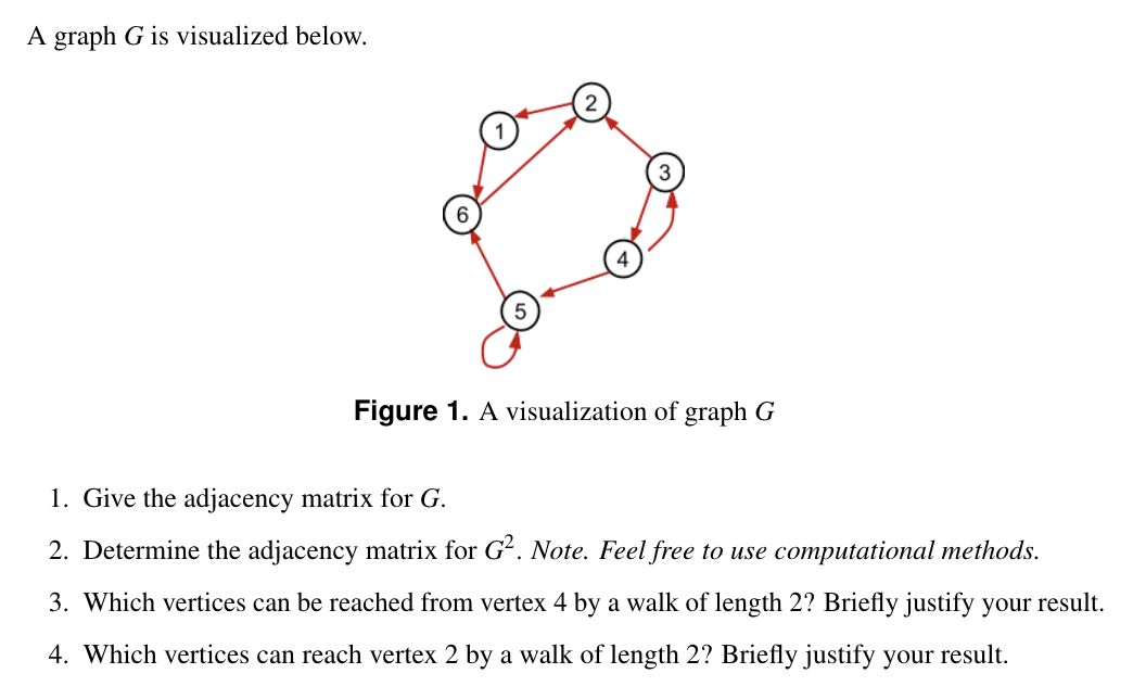 A graph G is visualized below.
6.
Figure 1. A visualization of graph G
1. Give the adjacency matrix for G.
2. Determine the adjacency matrix for G2. Note. Feel free to use computational methods.
3. Which vertices can be reached from vertex 4 by a walk of length 2? Briefly justify your result.
4. Which vertices can reach vertex 2 by a walk of length 2? Briefly justify your result.
