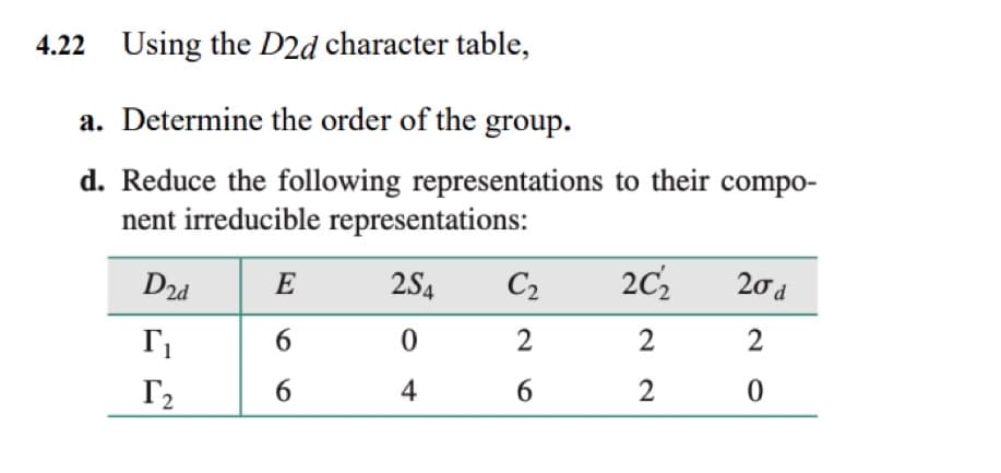 4.22 Using the D2d character table,
a. Determine the order of the group.
d. Reduce the following representations to their compo-
nent irreducible representations:
D2d
T₁
T₂
E
6
6
254
0
4
C₂
2
6
20₂
2
2
20 d
2
0