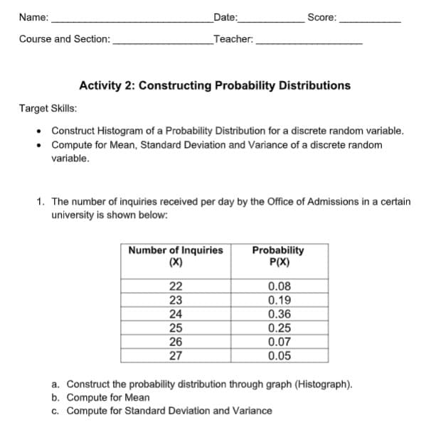 Name:
Date:
Score:
Course and Section:
_Teacher:
Activity 2: Constructing Probability Distributions
Target Skills:
• Construct Histogram of a Probability Distribution for a discrete random variable.
• Compute for Mean, Standard Deviation and Variance of a discrete random
variable.
1. The number of inquiries received per day by the Office of Admissions in a certain
university is shown below:
Number of Inquiries
(X)
Probability
P(X)
22
23
0.08
0.19
24
0.36
25
0.25
0.07
26
27
0.05
a. Construct the probability distribution through graph (Histograph).
b. Compute for Mean
c. Compute for Standard Deviation and Variance

