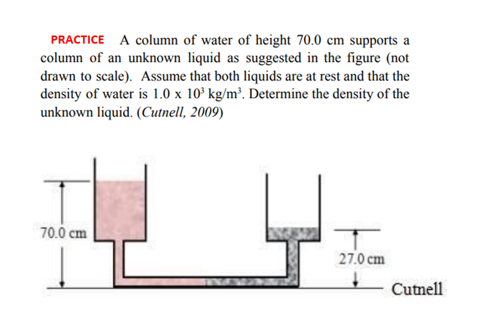 PRACTICE A column of water of height 70.0 cm supports a
column of an unknown liquid as suggested in the figure (not
drawn to scale). Assume that both liquids are at rest and that the
density of water is 1.0 x 10³ kg/m³. Determine the density of the
unknown liquid. (Cutnell, 2009)
70.0 cm
27.0 cm
Cutnell
