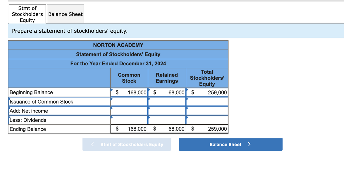 Stmt of
Stockholders Balance Sheet
Equity
Prepare a statement of stockholders' equity.
NORTON ACADEMY
Statement of Stockholders' Equity
For the Year Ended December 31, 2024
Total
Common
Stock
Retained
Stockholders'
Earnings
Equity
Beginning Balance
$
168,000 $
68,000 $
259,000
Issuance of Common Stock
Add: Net income
Less: Dividends
Ending Balance
$
168,000
68,000
259,000
Stmt of Stockholders Equity
Balance Sheet
>
