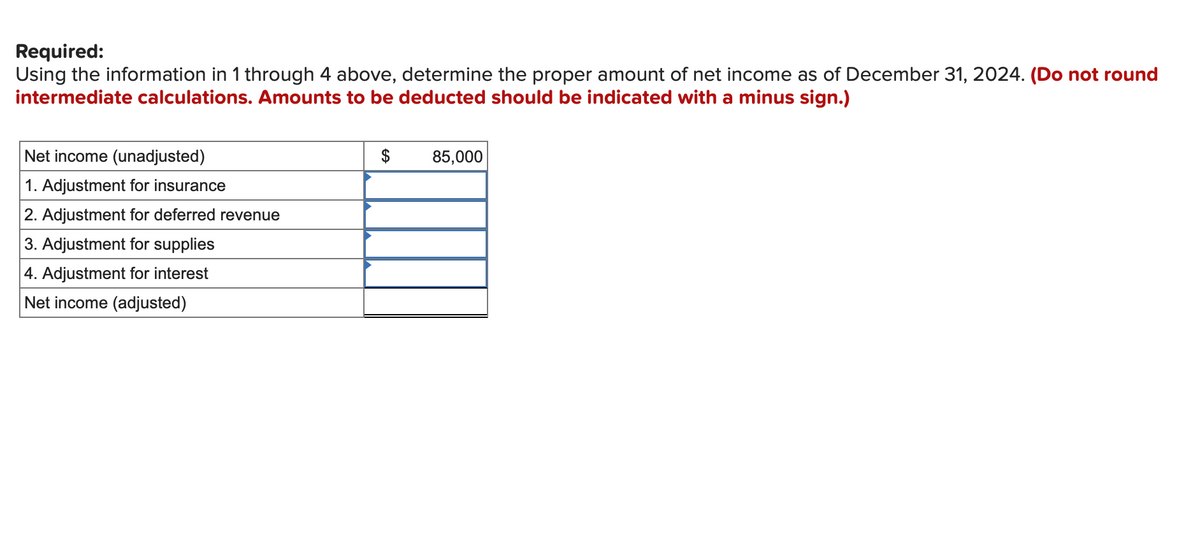 Required:
Using the information in 1 through 4 above, determine the proper amount of net income as of December 31, 2024. (Do not round
intermediate calculations. Amounts to be deducted should be indicated with a minus sign.)
Net income (unadjusted)
$
85,000
1. Adjustment for insurance
2. Adjustment for deferred revenue
3. Adjustment for supplies
4. Adjustment for interest
Net income (adjusted)
