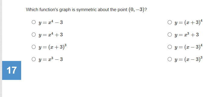 Which function's graph is symmetric about the point (0, –3)?
O y = a4 – 3
O y= (x+3)*
O y = x4 +3
O y = =³ +3
O y= (x+3)³
O y = (x – 3)*
O y= r³ – 3
O y = (x – 3)³
17
