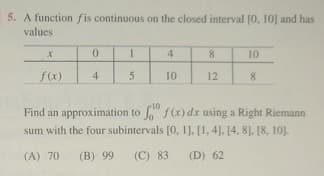 5. A function fis continuous on the closed interval (0, 10] and has
values
4
8
10
f(x)
4
10
12
8
Find an approximation to f(x) dx using a Right Riemann
sum with the four subintervals [0, 1]. [1, 4], [4, 8]. [8. 10].
(A) 70
(B) 99
(C) 83
(D) 62
