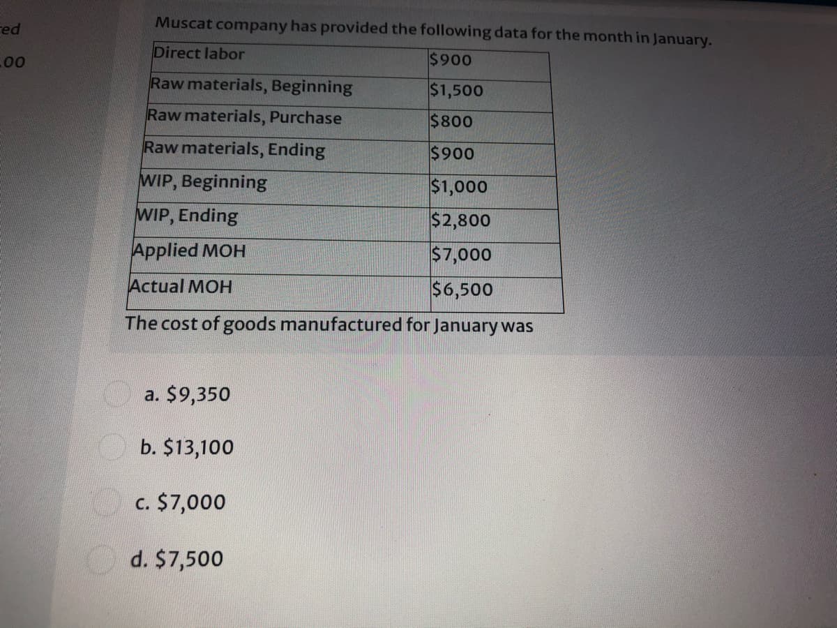 red
Muscat company has provided the following data for the month in January.
Direct labor
c00
$900
Raw materials, Beginning
$1,500
Raw materials, Purchase
$800
Raw materials, Ending
$900
WIP, Beginning
$1,000
$2,800
WIP, Ending
Applied MOH
$7,000
Actual MOH
$6,500
The cost of goods manufactured for January was
a. $9,350
O b. $13,100
c. $7,000
d. $7,500
