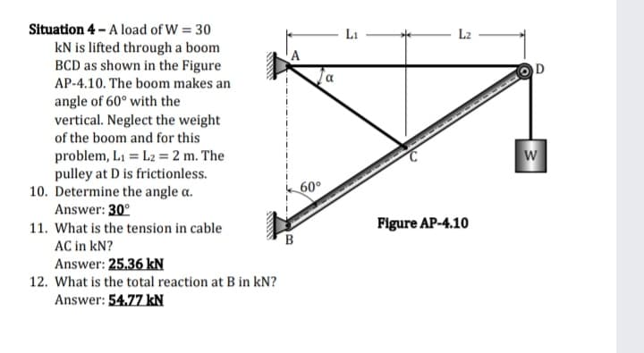 Situation 4 - A load of W = 30
L1
L2
kN is lifted through a boom
BCD as shown in the Figure
a
AP-4.10. The boom makes an
angle of 60° with the
vertical. Neglect the weight
of the boom and for this
w
problem, L1 = L2 = 2 m. The
pulley at D is frictionless.
10. Determine the angle a.
60°
Answer: 30°
11. What is the tension in cable
Figure AP-4.10
B.
AC in kN?
Answer: 25.36 kN
12. What is the total reaction at B in kN?
Answer: 54.77 kN
