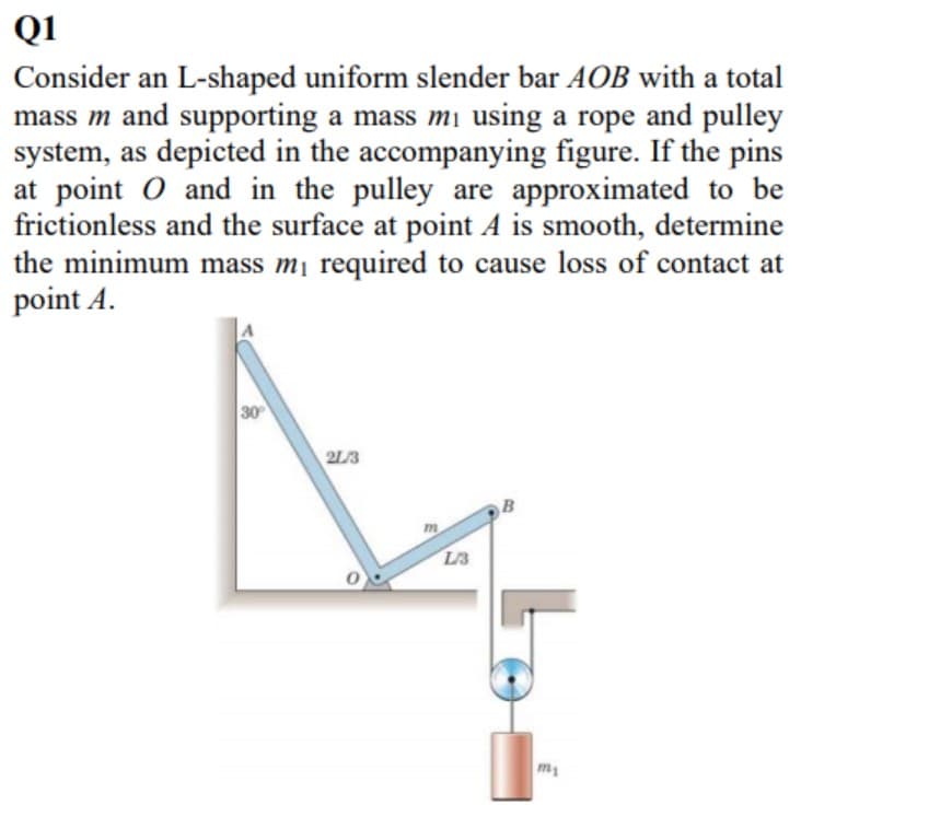 Q1
Consider an L-shaped uniform slender bar AOB with a total
mass m and supporting a mass mi using a rope and pulley
system, as depicted in the accompanying figure. If the pins
at point O and in the pulley are approximated to be
frictionless and the surface at point A is smooth, determine
the minimum mass m¡ required to cause loss of contact at
point A.
30
2L/3
B
m
L3
my
