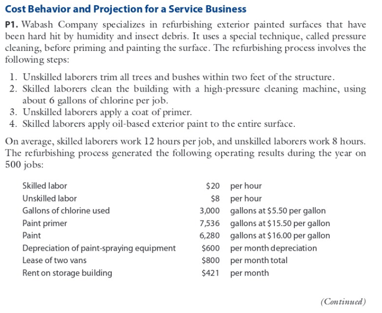 Cost Behavior and Projection for a Service Business
P1. Wabash Company specializes in refurbishing exterior painted surfaces that have
been hard hit by humidity and insect debris. It uses a special technique, called pressure
cleaning, before priming and painting the surface. The refurbishing process involves the
following steps:
1. Unskilled laborers trim all trees and bushes within two feet of the structure.
2. Skilled laborers clean the building with a high-pressure cleaning machine, using
about 6 gallons of chlorine per job.
3. Unskilled laborers apply a coat of primer.
4. Skilled laborers apply oil-based exterior paint to the entire surface.
On average, skilled laborers work 12 hours per job, and unskilled laborers work 8 hours.
The refurbishing process generated the following operating results during the year on
500 jobs:
Skilled labor
$20 per hour
$8 per hour
3,000 gallons at $5.50 per gallon
Unskilled labor
Gallons of chlorine used
Paint primer
7,536 gallons at $15.50 per gallon
6,280 gallons at $16.00 per gallon
$600 per month depreciation
$800 per month total
$421 per month
Paint
Depreciation of paint-spraying equipment
Lease of two vans
Rent on storage building
(Continued)

