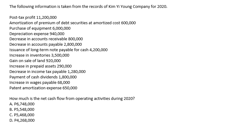 The following information is taken from the records of Kim Yi Young Company for 2020.
Post-tax profit 11,200,000
Amortization of premium of debt securities at amortized cost 600,000
Purchase of equipment 6,000,000
Depreciation expense 940,000
Decrease in accounts receivable 800,000
Decrease in accounts payable 2,800,000
Issuance of long-term note payable for cash 4,200,000
Increase in inventories 3,500,000
Gain on sale of land 920,000
Increase in prepaid assets 290,000
Decrease in income tax payable 1,280,000
Payment of cash dividends 1,800,000
Increase in wages payable 68,000
Patent amortization expense 650,000
How much is the net cash flow from operating activities during 2020?
A. P6,748,000
B. P5,548,000
C. P5,468,000
D. P4,268,000
