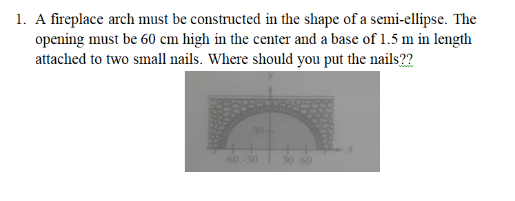 1. A fireplace arch must be constructed in the shape of a semi-ellipse. The
opening must be 60 cm high in the center and a base of 1.5 m in length
attached to two small nails. Where should you put the nails??
-60-30
30 60